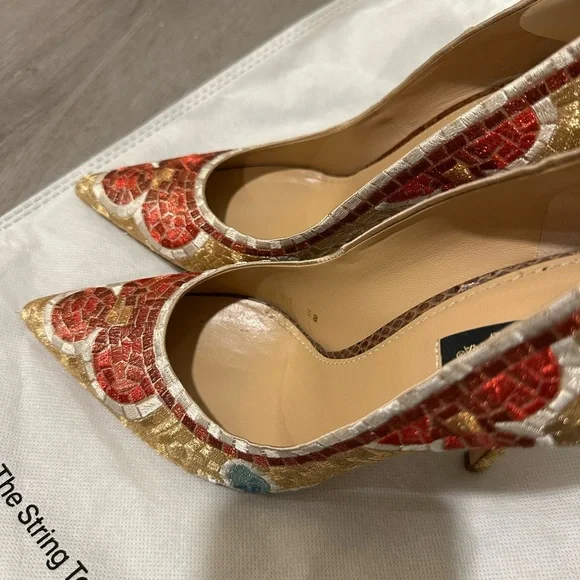 Dolce & Gabbana Gold and Red Floral Embroidered Heels - Picture 7 of 8